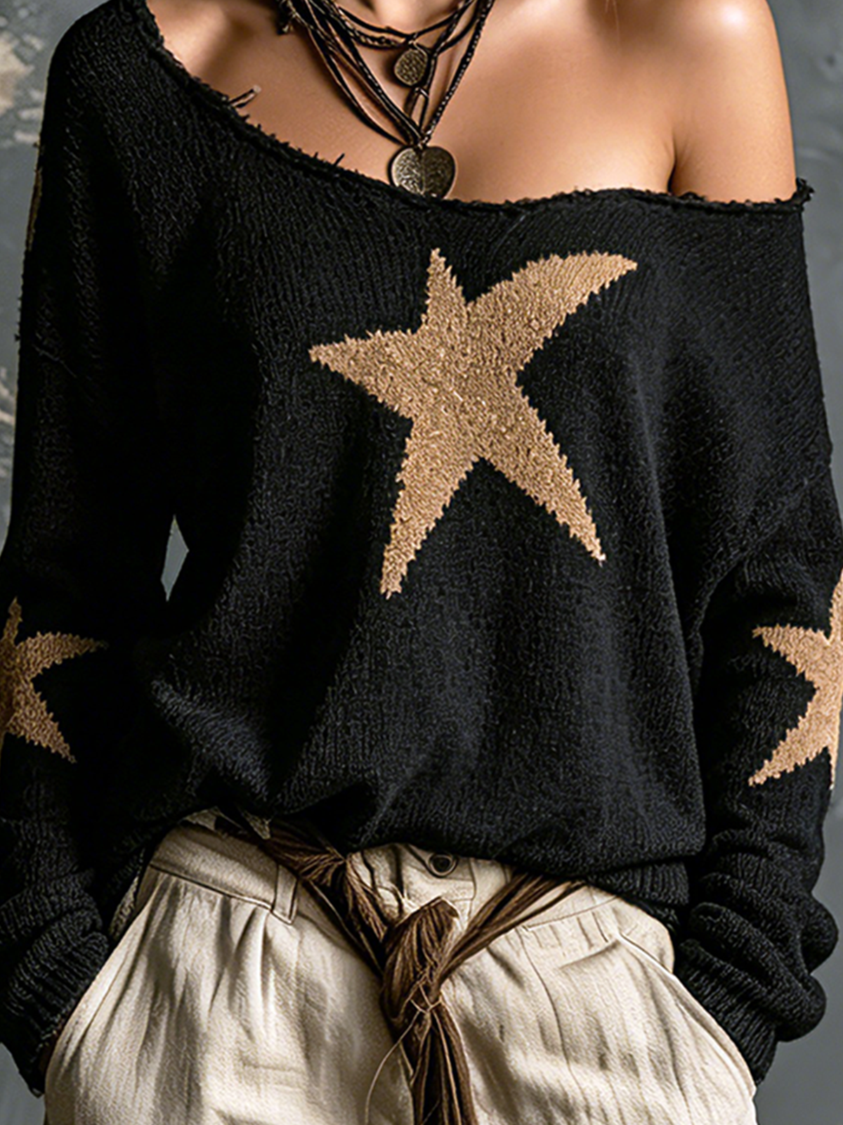 ElevenOra Chic Casual Black Off Shoulder Camel Star Jacquard  Long Sleeve Loose-Fit Knit Sweater Top