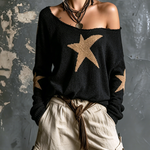 ElevenOra Chic Casual Black Off Shoulder Camel Star Jacquard  Long Sleeve Loose-Fit Knit Sweater Top