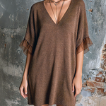 ElevenOra Chic Elegant Brown V-Neck Chiffon Ruffle Short-Sleeve Loose-Fit Knit Mini Dress