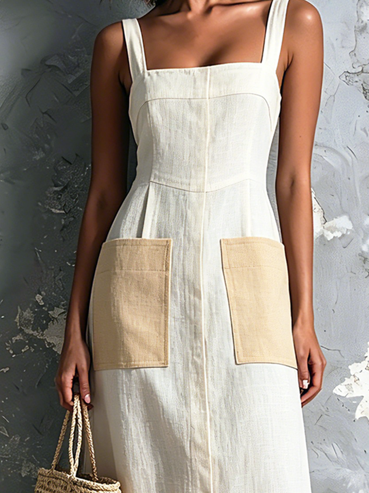 ElevenOra Chic Elegant Off White Wide Strap Square-Neck Contrast Patch Pocket Sleeveless A-Line Cotton-Linen Blend Midi Dress