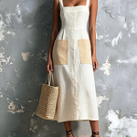 ElevenOra Chic Elegant Off White Wide Strap Square-Neck Contrast Patch Pocket Sleeveless A-Line Cotton-Linen Blend Midi Dress