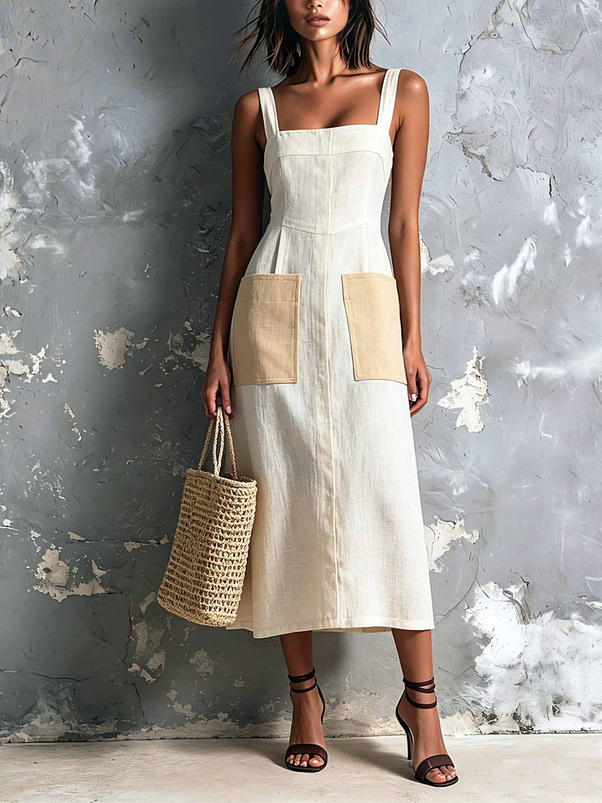 ElevenOra Chic Elegant Off White Wide Strap Square-Neck Contrast Patch Pocket Sleeveless A-Line Cotton-Linen Blend Midi Dress
