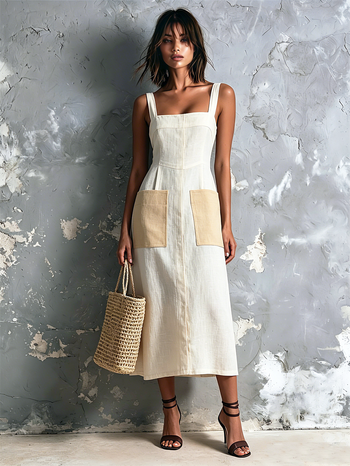 ElevenOra Chic Elegant Off White Wide Strap Square-Neck Contrast Patch Pocket Sleeveless A-Line Cotton-Linen Blend Midi Dress