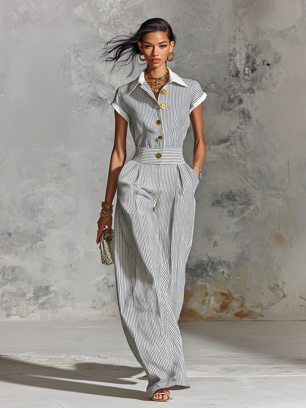 ElevenOra Chic Elegant White-Black Pinstripes Cotton-Linen Blend Colorblock Lapel-Collar Single-Breasted Short-Sleeve Tailored-Waist Wide-Leg Jumpsuit