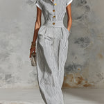 ElevenOra Chic Elegant White-Black Pinstripes Cotton-Linen Blend Colorblock Lapel-Collar Single-Breasted Short-Sleeve Tailored-Waist Wide-Leg Jumpsuit