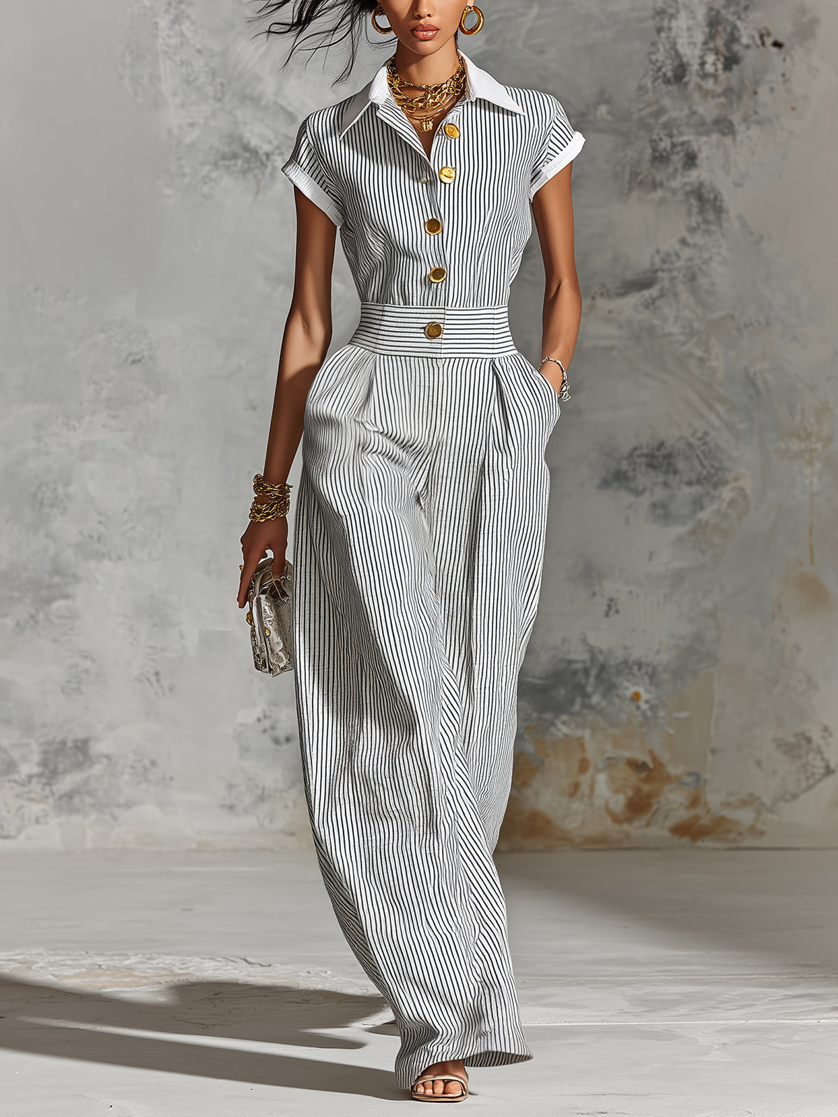 ElevenOra Chic Elegant White-Black Pinstripes Cotton-Linen Blend Colorblock Lapel-Collar Single-Breasted Short-Sleeve Tailored-Waist Wide-Leg Jumpsuit
