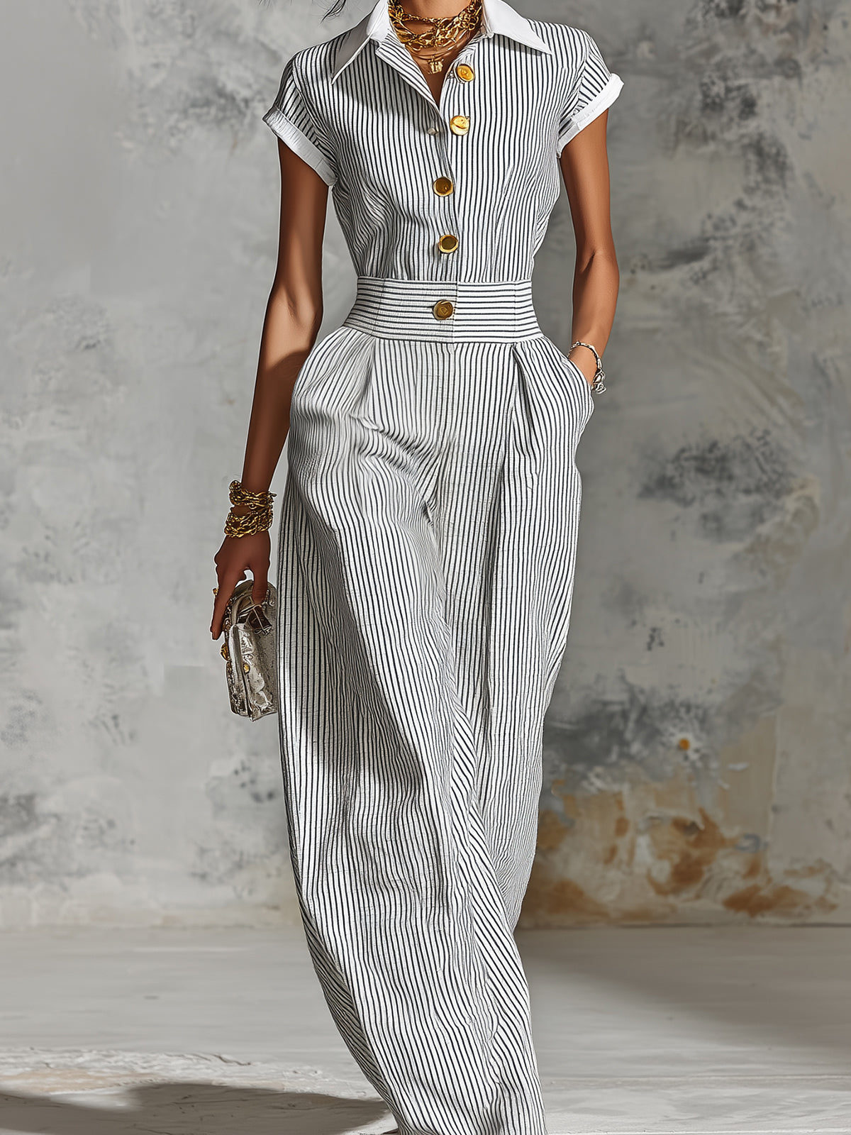 ElevenOra Chic Elegant White-Black Pinstripes Cotton-Linen Blend Colorblock Lapel-Collar Single-Breasted Short-Sleeve Tailored-Waist Wide-Leg Jumpsuit