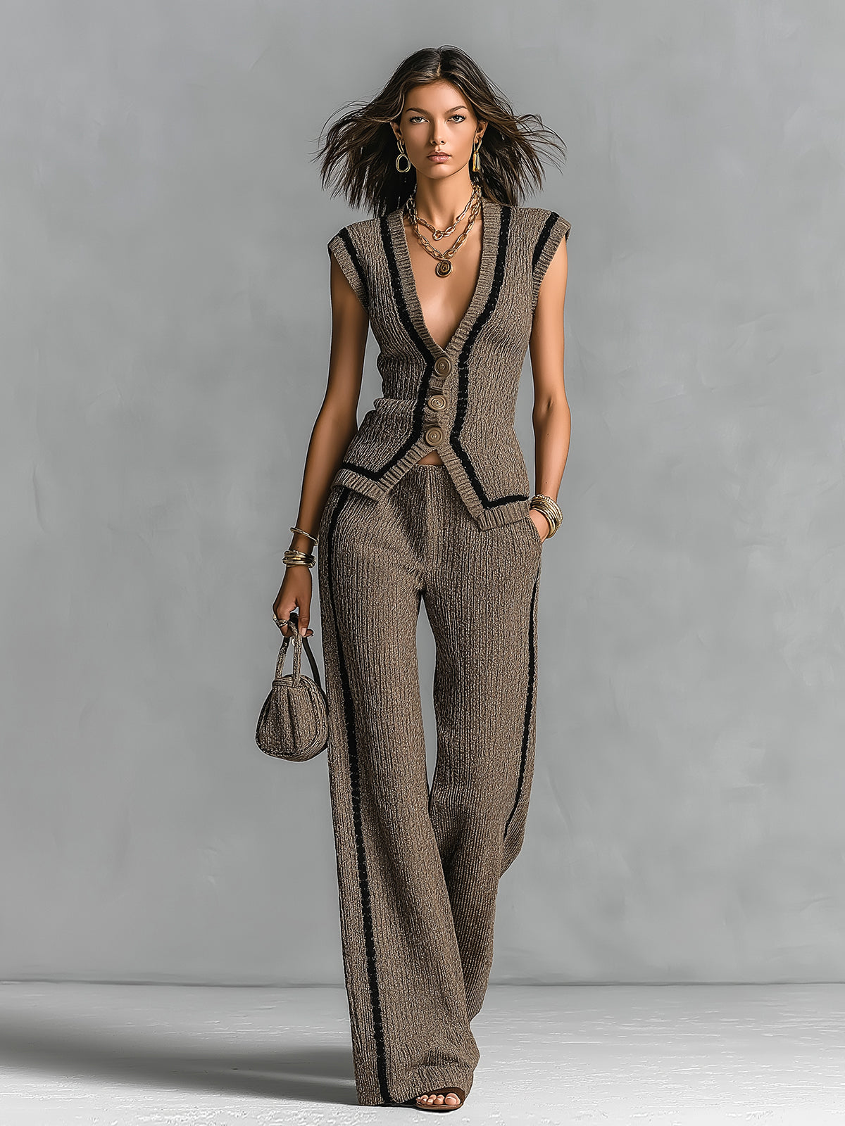 ElevenOra Chic Elegant Brown V-Neck Single-Breasted Vest Elastic-Waist Wide-Leg Pants Black Stripe Detail Slim-Fit Ribbed Knit Two-Piece Set