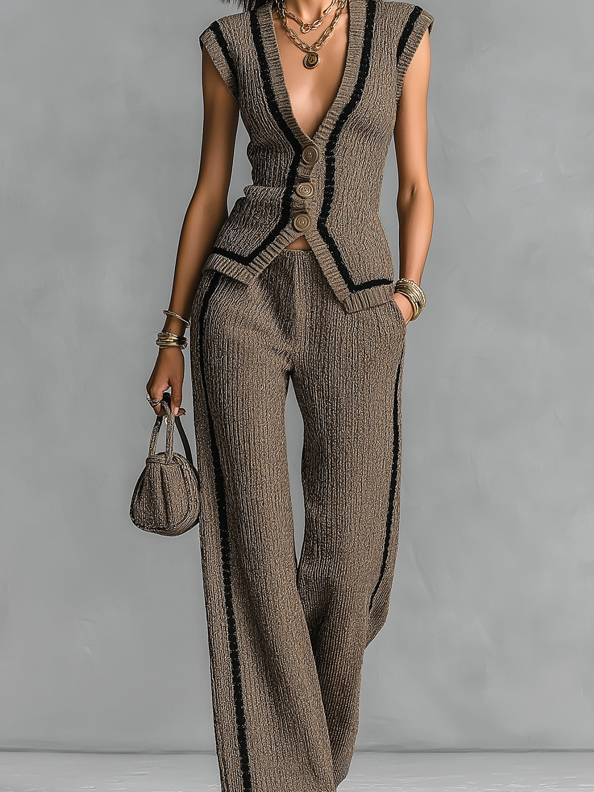 ElevenOra Chic Elegant Brown V-Neck Single-Breasted Vest Elastic-Waist Wide-Leg Pants Black Stripe Detail Slim-Fit Ribbed Knit Two-Piece Set