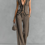 ElevenOra Chic Elegant Brown V-Neck Single-Breasted Vest Elastic-Waist Wide-Leg Pants Black Stripe Detail Slim-Fit Ribbed Knit Two-Piece Set
