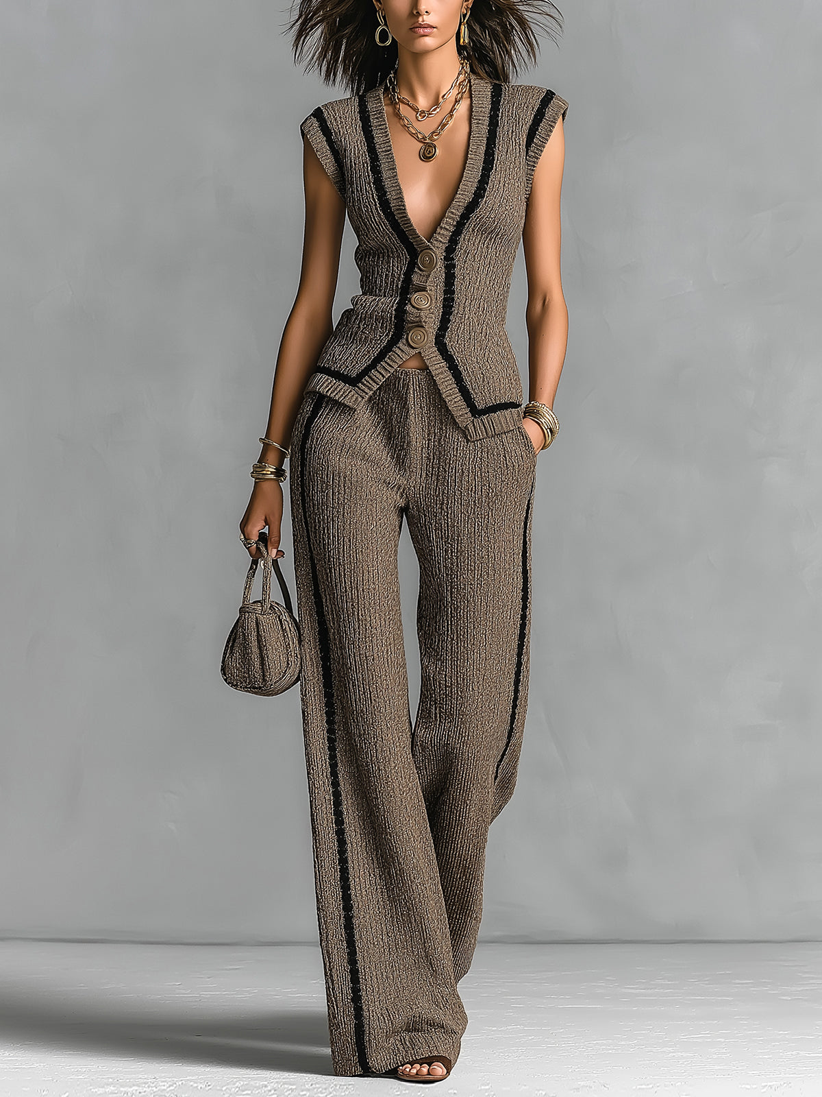 ElevenOra Chic Elegant Brown V-Neck Single-Breasted Vest Elastic-Waist Wide-Leg Pants Black Stripe Detail Slim-Fit Ribbed Knit Two-Piece Set