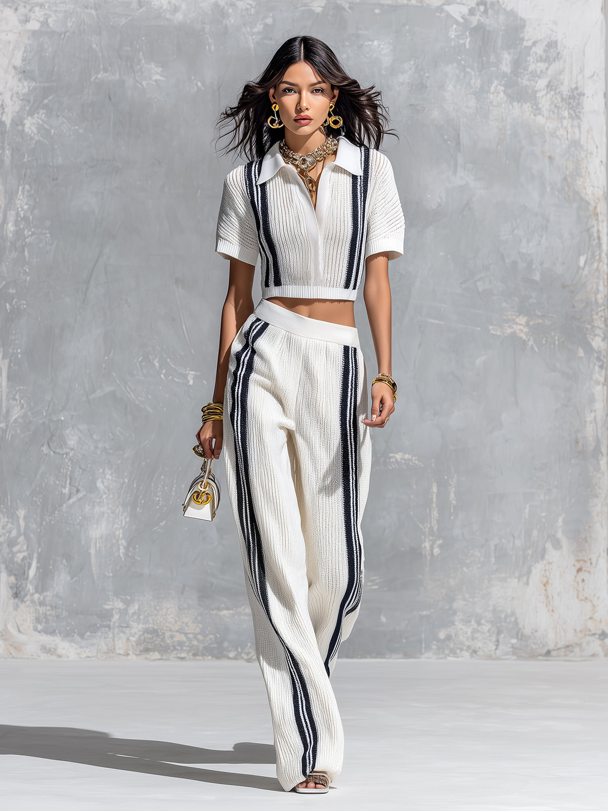 ElevenOra Chic Elegant White Lapel V-Neck Short-Sleeve Top Elastic-Waist Wide-Leg Pants Black Stripe Detail Ribbed Knit Two-Piece Set