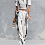 ElevenOra Chic Elegant White Lapel V-Neck Short-Sleeve Top Elastic-Waist Wide-Leg Pants Black Stripe Detail Ribbed Knit Two-Piece Set