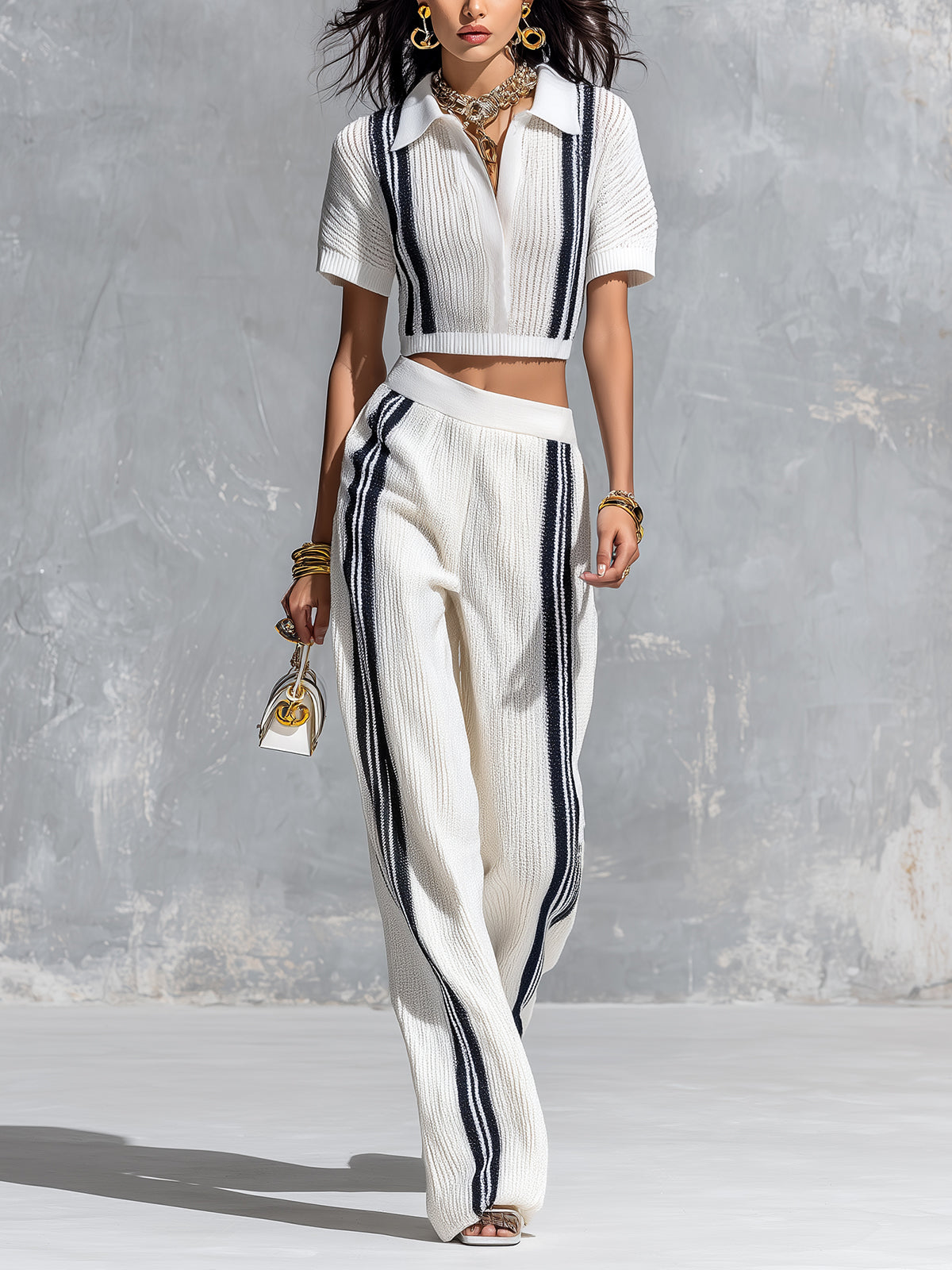 ElevenOra Chic Elegant White Lapel V-Neck Short-Sleeve Top Elastic-Waist Wide-Leg Pants Black Stripe Detail Ribbed Knit Two-Piece Set