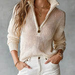 ElevenOra Chic Elegant Beige Half-Zipper Collar Long-Sleeve Loose-Fit Breathable Knit Sweater Top