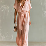 ElevenOra Chic Elegant Pink Lapel-Collar Short-Sleeve Single-Breasted Tie-Waist Loose-Fit Breathable Knit Wide-Leg Jumpsuit