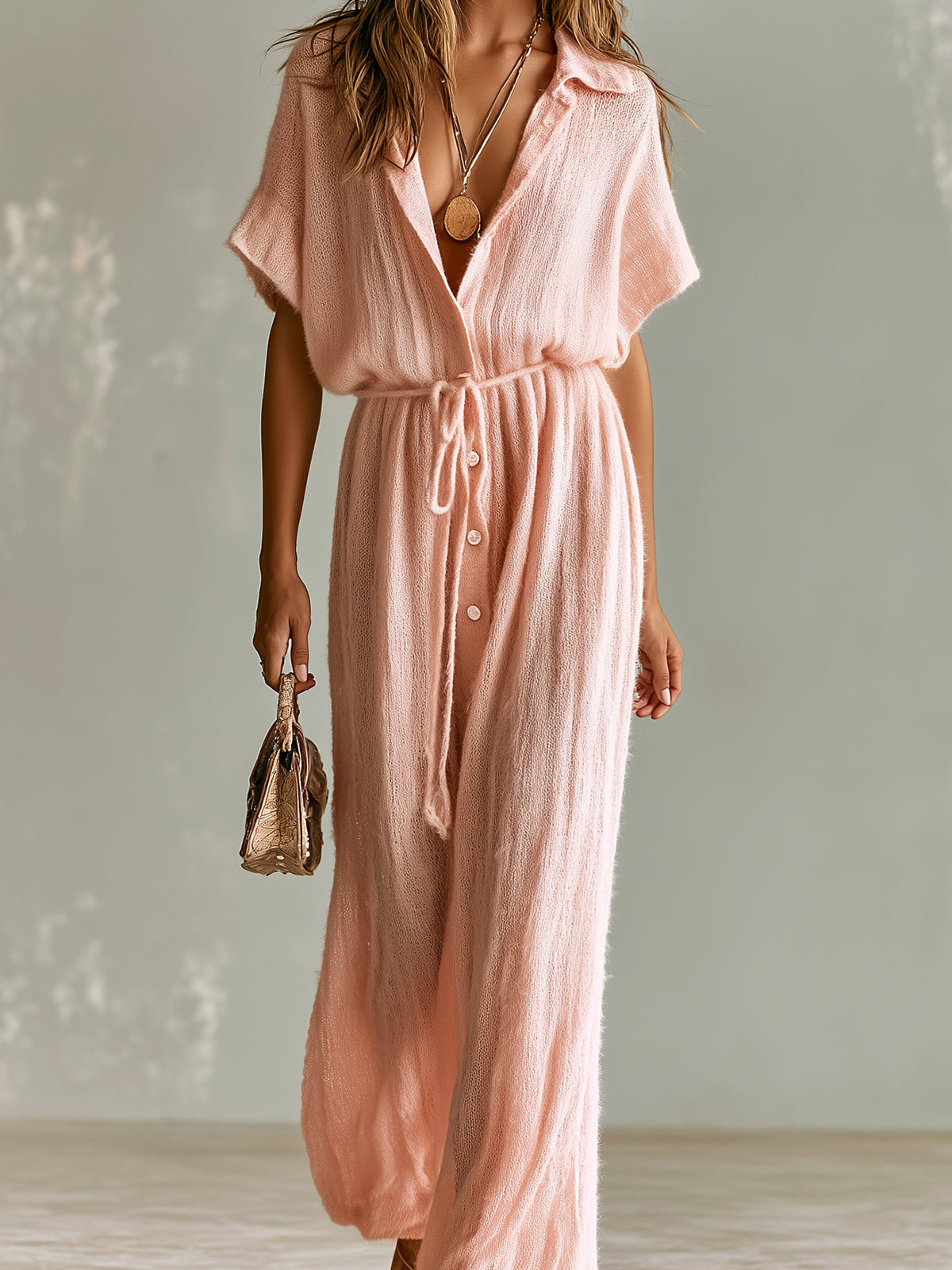 ElevenOra Chic Elegant Pink Lapel-Collar Short-Sleeve Single-Breasted Tie-Waist Loose-Fit Breathable Knit Wide-Leg Jumpsuit
