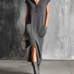 ElevenOra Chic Elegant Gray Button-Up Lapel-Collar Sleeveless Patch Pockets Slit Hem Detail Loose-Fit Ribbed Knit Midi Dress