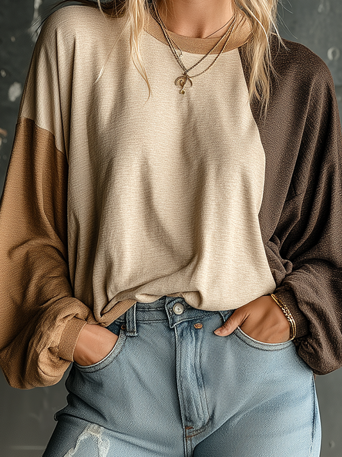 ElevenOra Chic Casual Oatmeal-Camel-Brown Colorblock Round-Neck Balloon Long Sleeve Oversize Cotton T-Shirt Top
