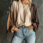 ElevenOra Chic Casual Oatmeal-Camel-Brown Colorblock Round-Neck Balloon Long Sleeve Oversize Cotton T-Shirt Top
