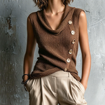 ElevenOra Chic Casual Brown Cowl Neck Asymmetrical Button Detail Sleeveless Loose-Fit Knit Tank Top