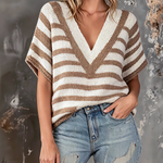 ElevenOra Chic Casual Camel-White Stripes V-Neck Short-Sleeve Loose-Fit Knit Sweater Top