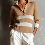ElevenOra Chic Casual Camel-White Colorblock Lapel-Collar Button Front Long-Sleeve Loose-Fit Knit Sweater Top