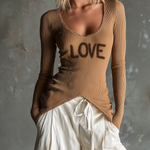 ElevenOra Chic Casual Camel U-Neck Chenille Letter Embroidery Long-Sleeve Slim Fit Ribbed Knit Sweater Top