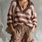 ElevenOra Chic Casual Blush Pink-Brown Stripes Lapel-Collar V-Neck Half Sleeve Loose-Fit Knit Sweater Top