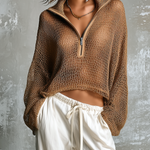 ElevenOra Chic Casual Brown Lapel-Collar Zipper-Up Long Sleeve  Loose-Fit Mesh Knit Sweater Top