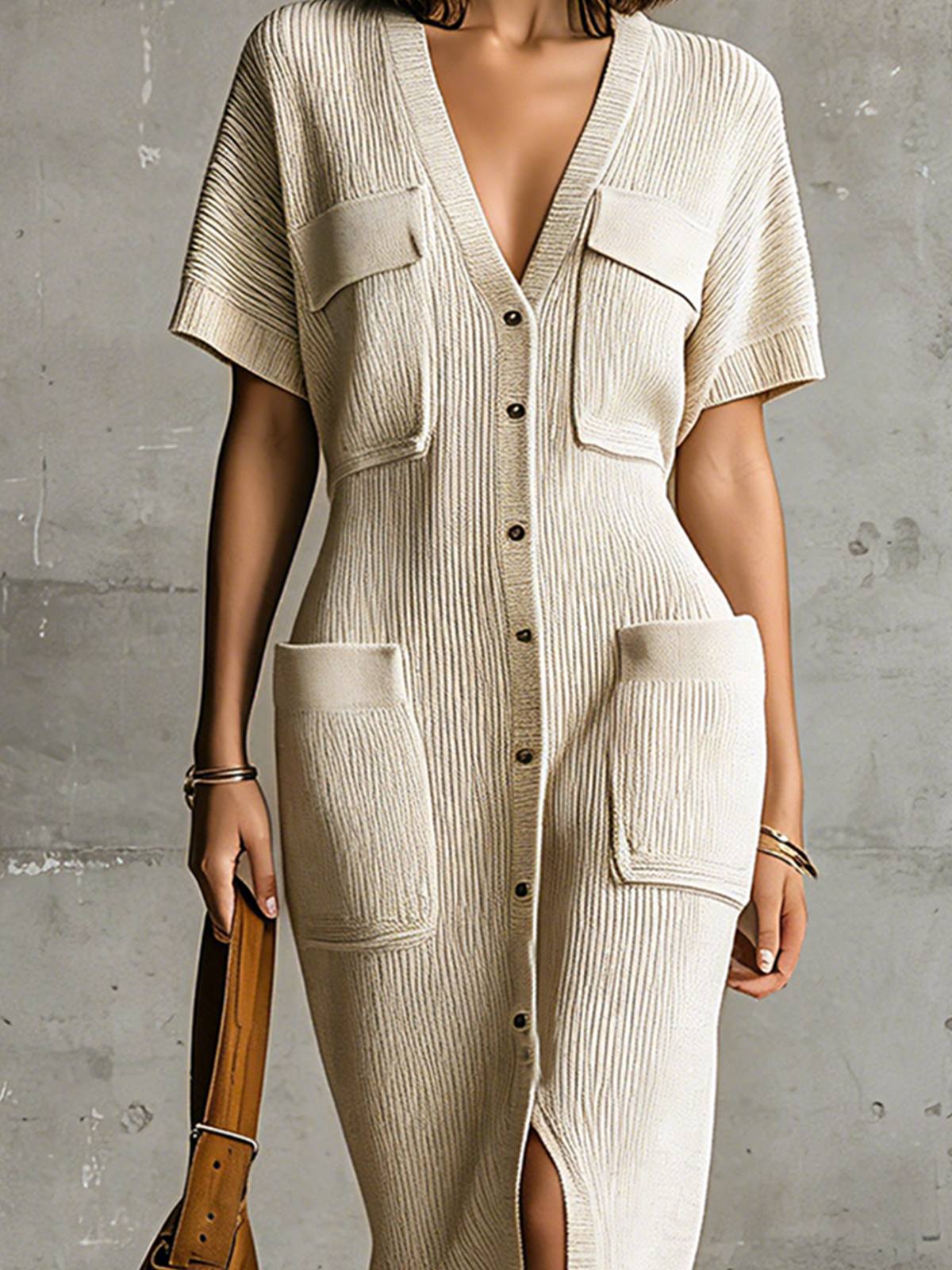ElevenOra Chic Casual Oatmeal  V-Neck Single-Breasted Short Sleeve Patch Pocket Loose-Fit Ribbed Knit Midi Dress