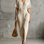 ElevenOra Chic Casual Oatmeal  V-Neck Single-Breasted Short Sleeve Patch Pocket Loose-Fit Ribbed Knit Midi Dress