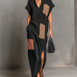 ElevenOra Chic Elegant Black-Brown-Pink Colorblock Stand Collar V-Neck Short-Sleeve Slit Detail Loose-Fit Knit Maxi Dress