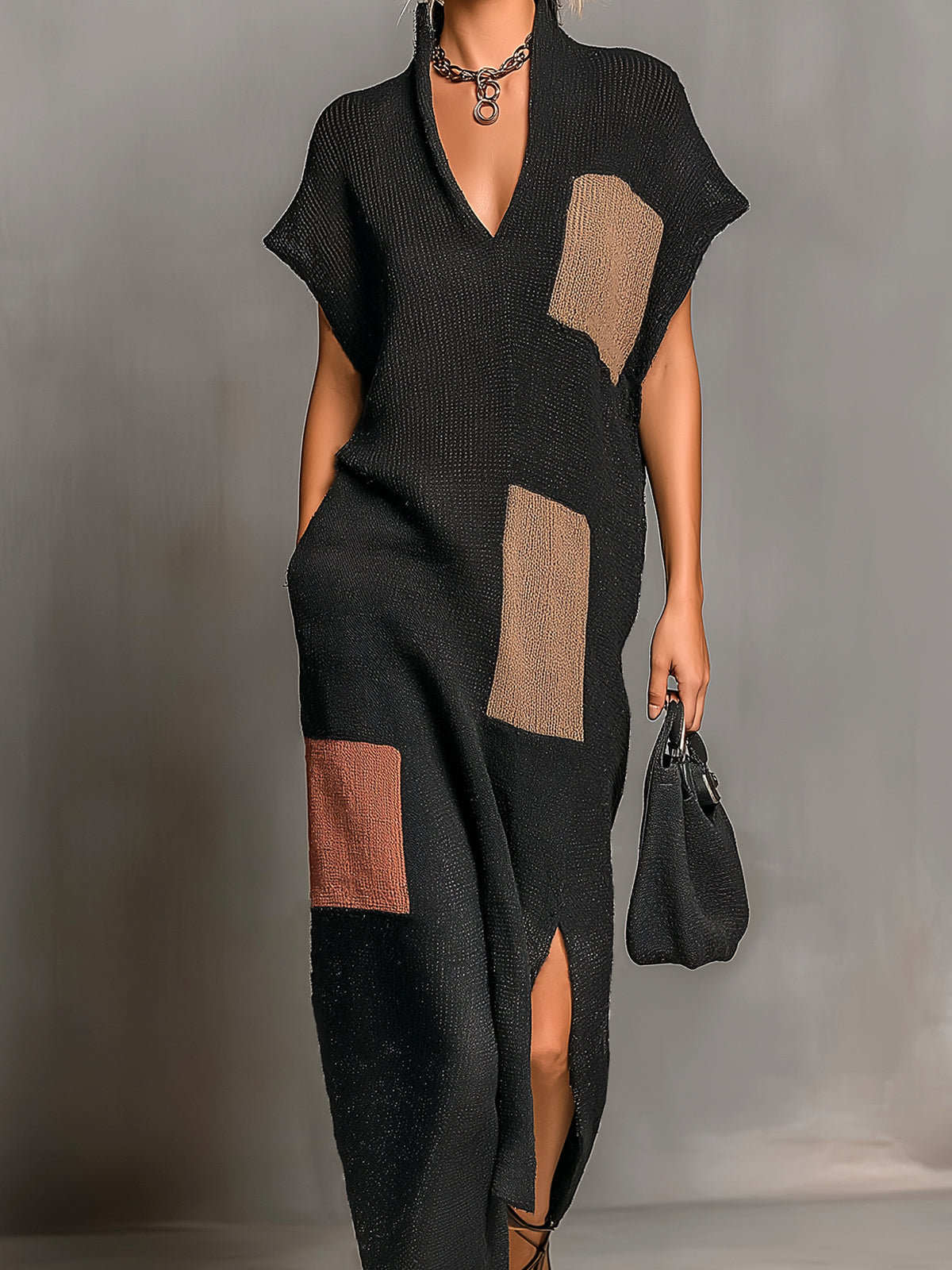ElevenOra Chic Elegant Black-Brown-Pink Colorblock Stand Collar V-Neck Short-Sleeve Slit Detail Loose-Fit Knit Maxi Dress