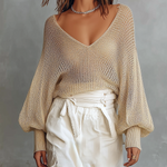 ElevenOra Chic Casual Beige V-Neck Balloon Long Sleeve Loose-Fit Mesh Knit Sweater Top