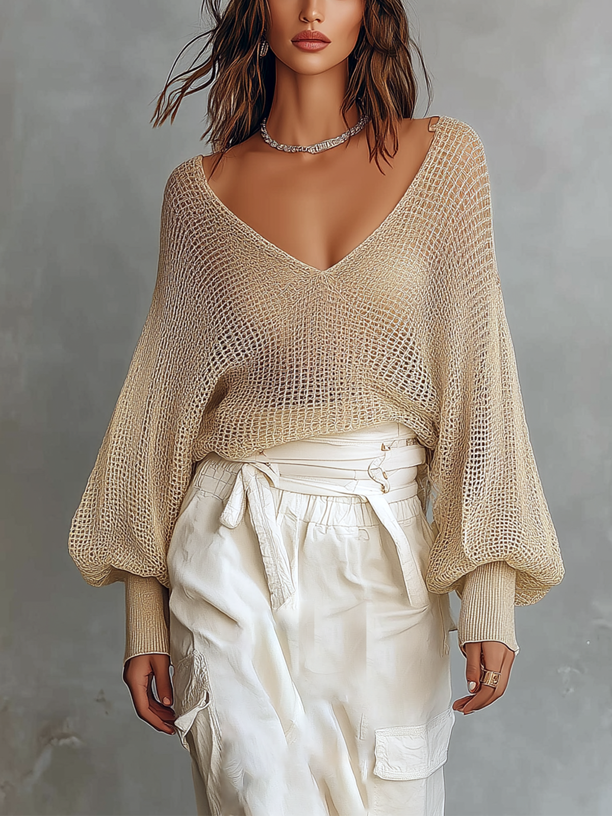 ElevenOra Chic Casual Beige V-Neck Balloon Long Sleeve Loose-Fit Mesh Knit Sweater Top