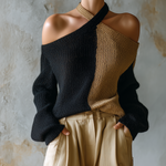 ElevenOra Chic Casual Black-Camel Colorblock Halter Off Shoulder Long Sleeve Loose-Fit Knit Sweater Top