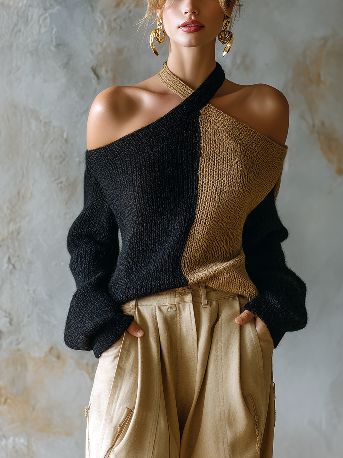ElevenOra Chic Casual Black-Camel Colorblock Halter Off Shoulder Long Sleeve Loose-Fit Knit Sweater Top