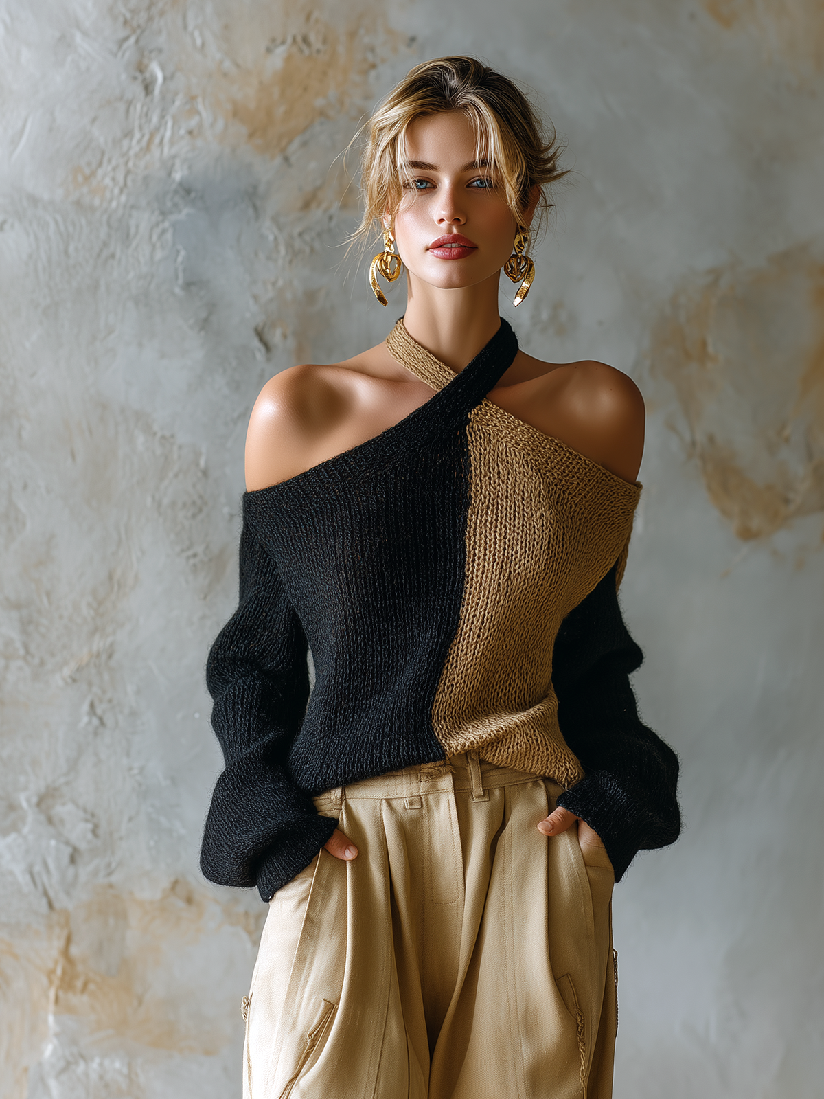 ElevenOra Chic Casual Black-Camel Colorblock Halter Off Shoulder Long Sleeve Loose-Fit Knit Sweater Top