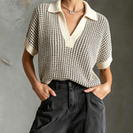 ElevenOra Chic Casual Off White Lapel-Collar V-Neck Short-Sleeve  Loose-Fit Grid Textured Knit Sweater Top
