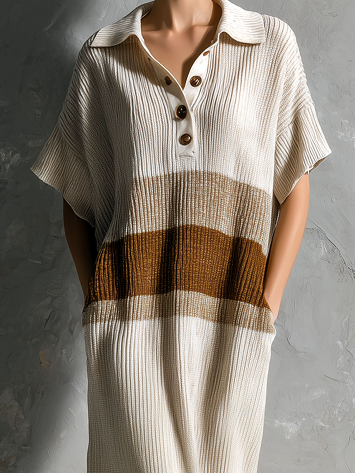 ElevenOra Chic Elegant Off White Lapel-Collar Button Front Contrast Trim Short-Sleeve Loose-Fit Ribbed Knit Maxi Dress