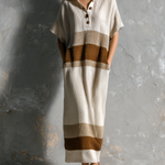 ElevenOra Chic Elegant Off White Lapel-Collar Button Front Contrast Trim Short-Sleeve Loose-Fit Ribbed Knit Maxi Dress