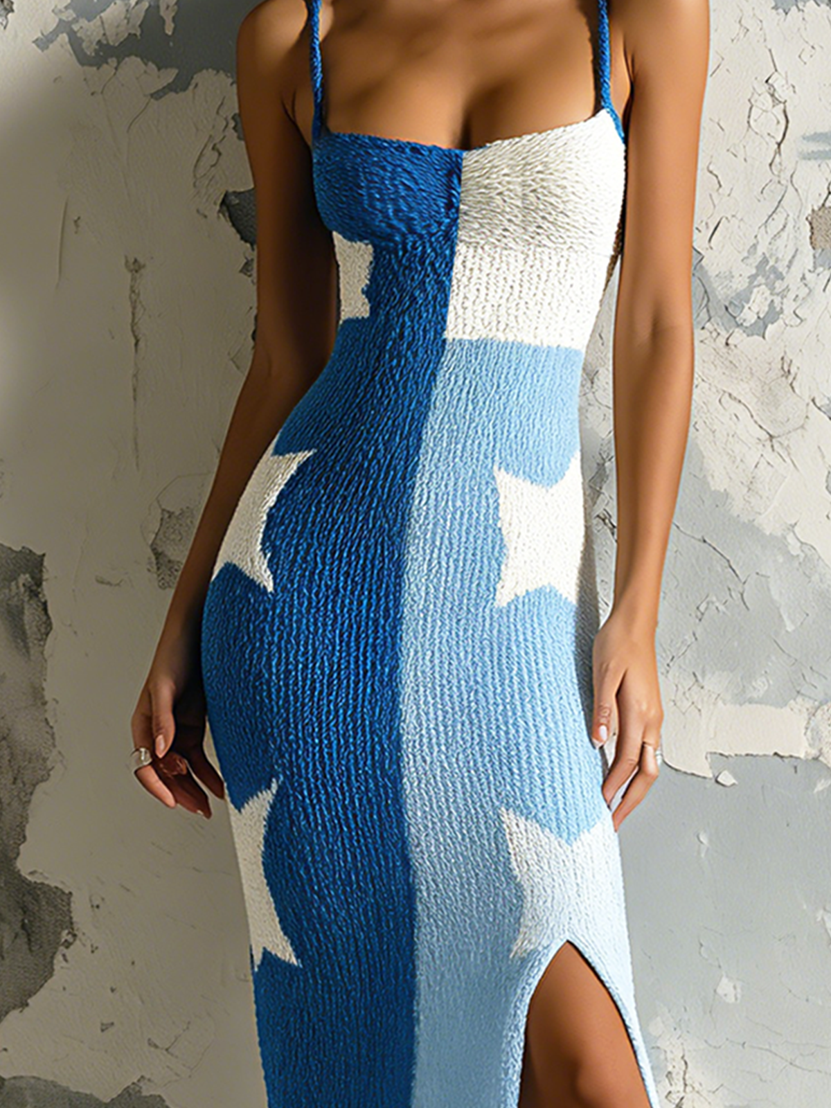 ElevenOra Chic Elegant Blue Colorblock Star Jacquard Spaghetti Straps Square-Neck Sleeveless Slim Fit Side Slit Knit Midi Dress