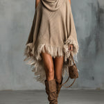 ElevenOra Chic Elegant Light Brown Cowl-Neck Long-Flare-Sleeve Fringe Detail Asymmetrical Hem Loose-Fit Knit Midi Dress