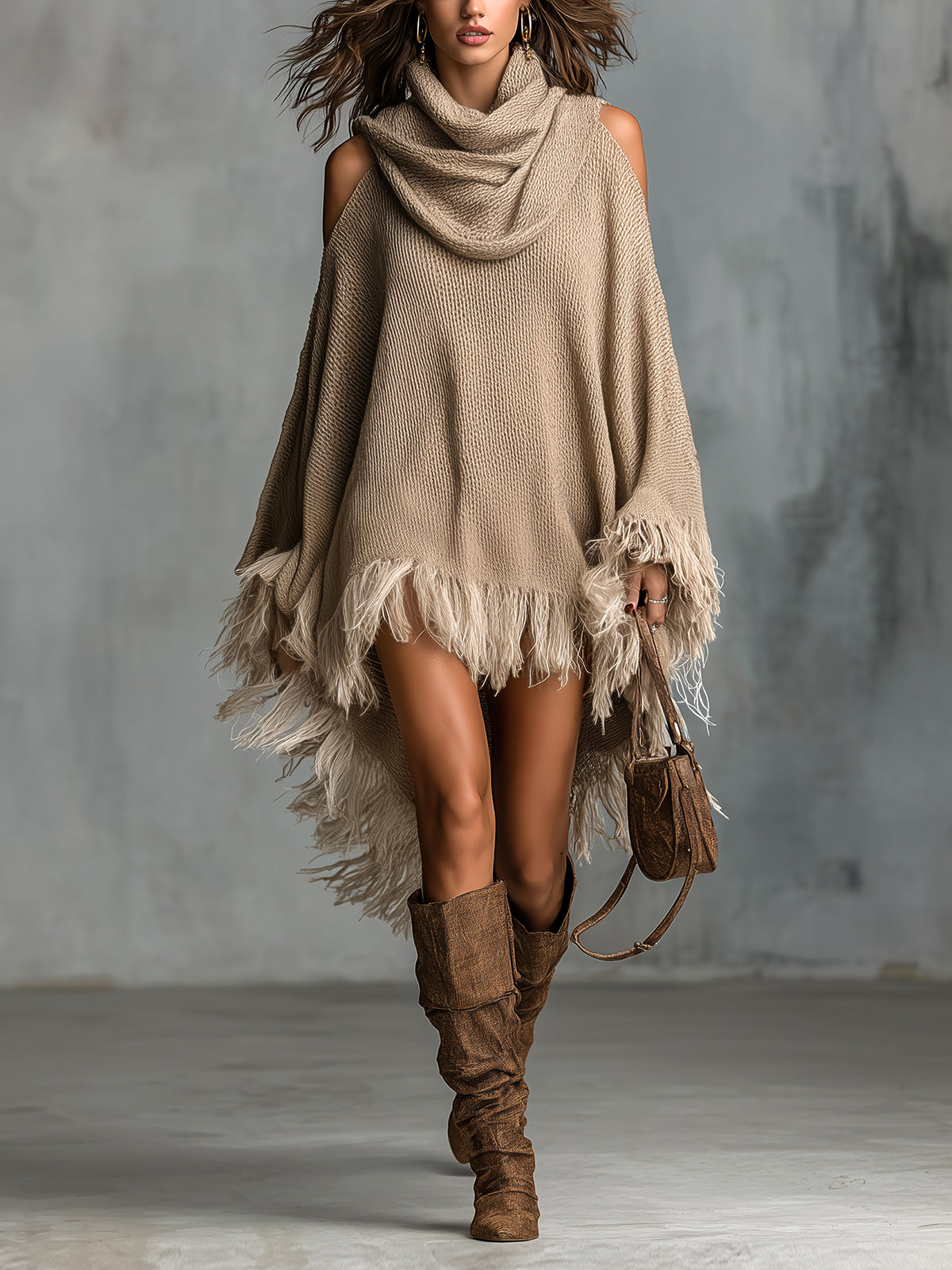 ElevenOra Chic Elegant Light Brown Cowl-Neck Long-Flare-Sleeve Fringe Detail Asymmetrical Hem Loose-Fit Knit Midi Dress