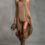 ElevenOra Chic Elegant Brown Cowl-Neck Sleeveless Asymmetrical Hem A-Line Loose-Fit Knit Midi Dress