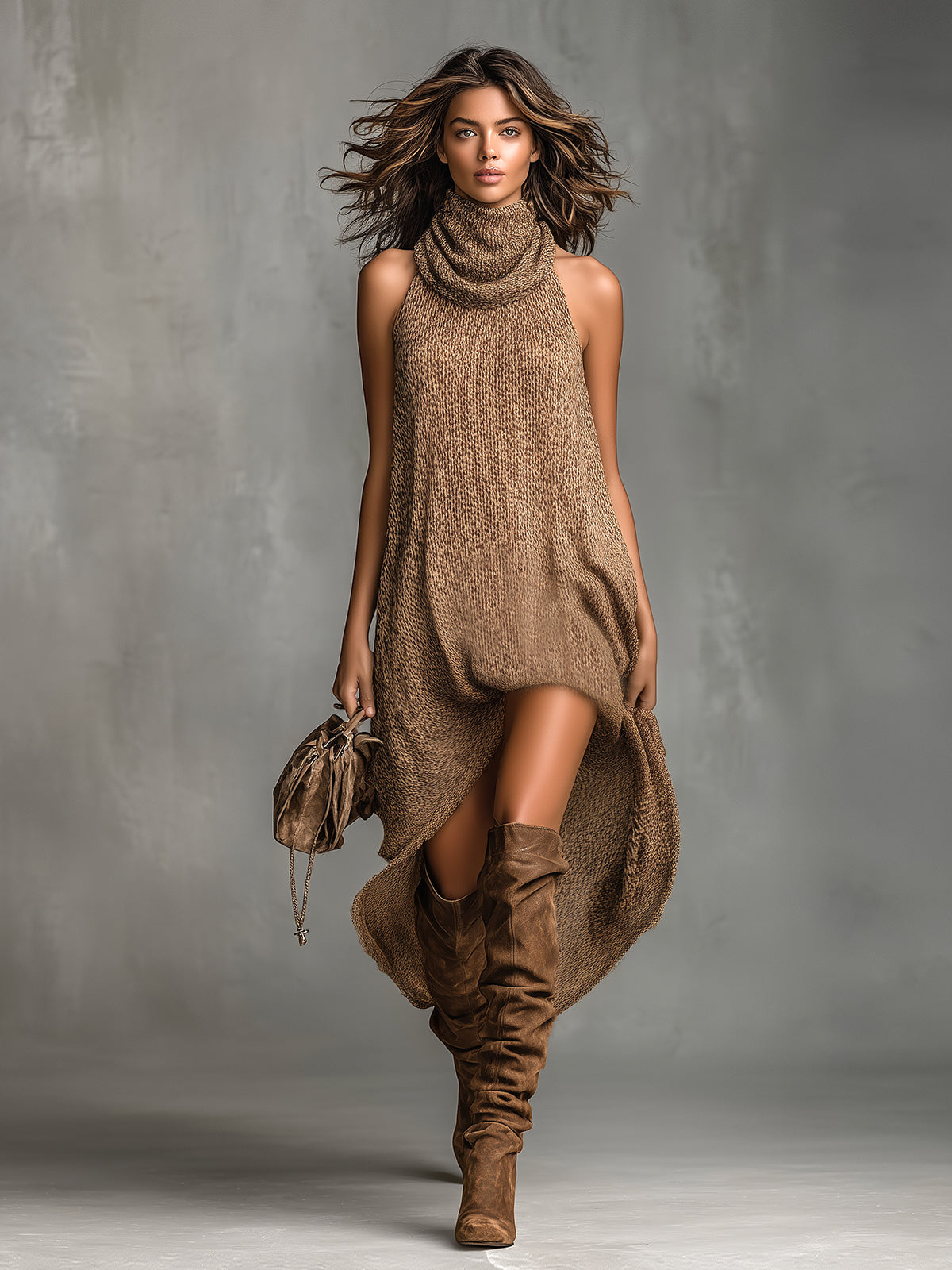 ElevenOra Chic Elegant Brown Cowl-Neck Sleeveless Asymmetrical Hem A-Line Loose-Fit Knit Midi Dress
