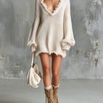 ElevenOra Chic Elegant Beige Cotton Blend Deep V-Neck Long-Lantern-Sleeve Raw Edge Detail Loose-Fit Knit Mini Dress