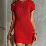 ElevenOra Chic Elegant Red Cotton Blend Round-Neck Short-Sleeve Hollow-Out Detail Slim-Fit Soft Knit Mini Dress
