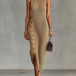 ElevenOra Chic Elegant Camel Melange Turtleneck Sleeveless Button-Front Detail Slim-Fit Ribbed Knit Maxi Dress